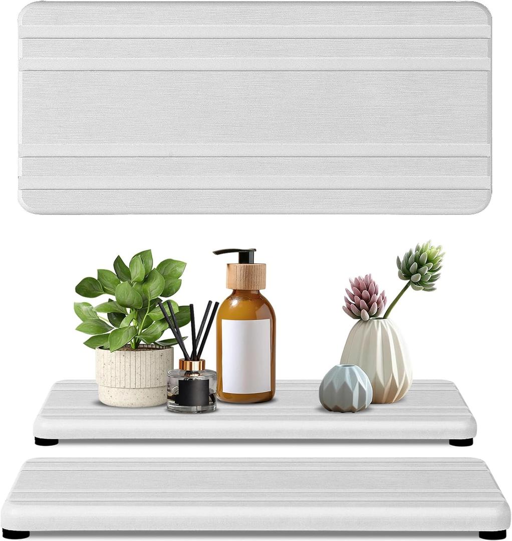 2PCS Water Absorbing Stone Tray,Quick Drying Stone Sink Tray,Water Absorbent Diatomite Coasters for Bathroom Counter and Kitchen Sink, Used for Hand Soap Dish Cosmetic Bottles Toothbrush Holders (2pcs 2110cm White Stripe)