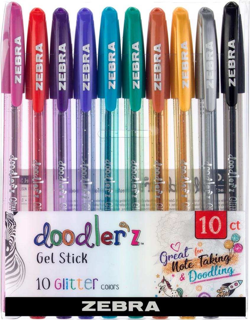 Zebra Pen Doodlerz Gel Stick Pen, Bold Point, 1.0mm, Assorted Glitter Colors, 10 Pack