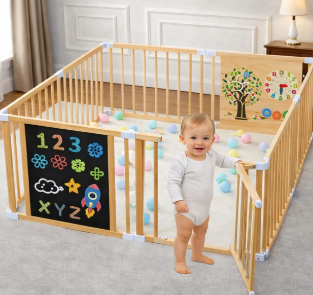 Foldable Wooden Playpen for Babies and Toddlers, 63x63x24 Inch
Natural New Zealand Pine Wood, Black and White Chalkboard, Includes Accessories