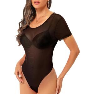 Women's Mesh Bodysuit Short Sleeve Top Crew Neck Sheer T Shirt Body Suit Leotard Blouse, Black, Size 2XL)