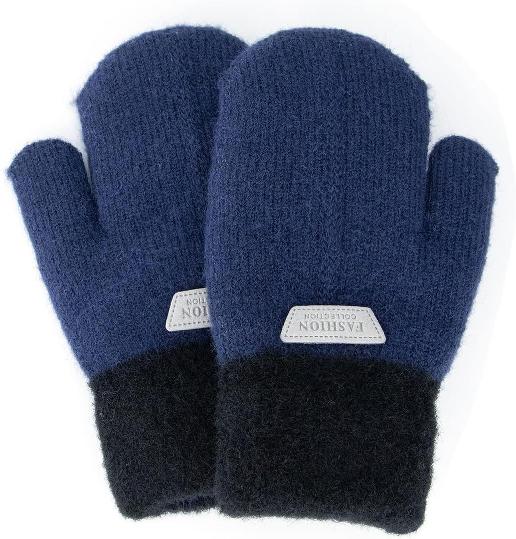 FGSS Kids Winter Stretch Knitted Mittens - Thick Warm Gloves for Boys Girls 4-7 Yrs (Navy)