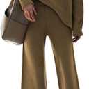 Lady Casual Two Pc Sweater Lounge Sets Long Sleeve Turtleneck Knit Sweatshirts and Sweatpants Sweat Suit Brown, XL