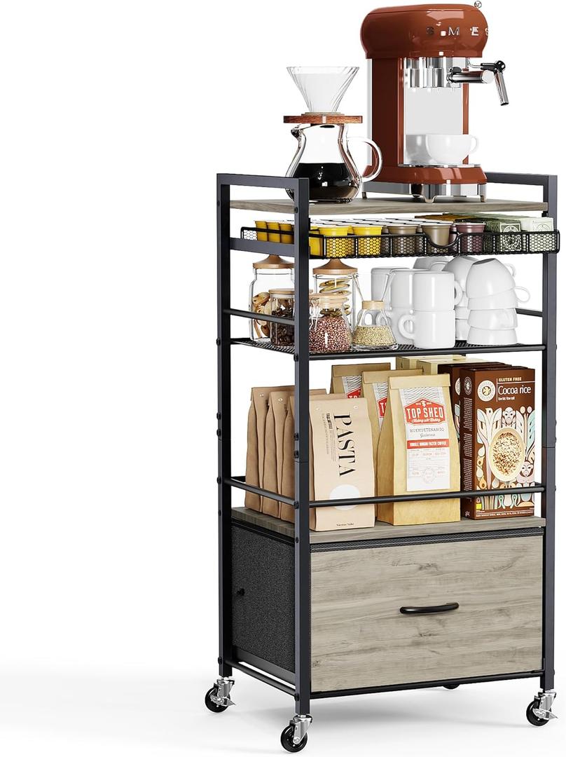 Coffee Bar Cabinet with Storage5 Tier Coffee Station Table on Wheels, 33.6" H Cart with Drawer for Home Kitchen, Liquor Buffet Sideboard Cabinet (Black)