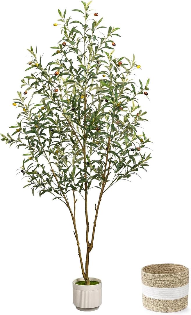 Artificial Olive Tree 6FT - Tall Faux Olive Trees Indoor with Planter&Cotton Basket, Large Fake Olive Plants Realistic Branches Natural Wood Trunk and Fruits for Home House Office Decor