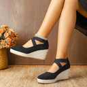 Womens Espadrilles Sandals, Closed Toe Platform for Women Slip on Elastic Ankle Strap Casual Comfortable Wedge Sandals (Black)