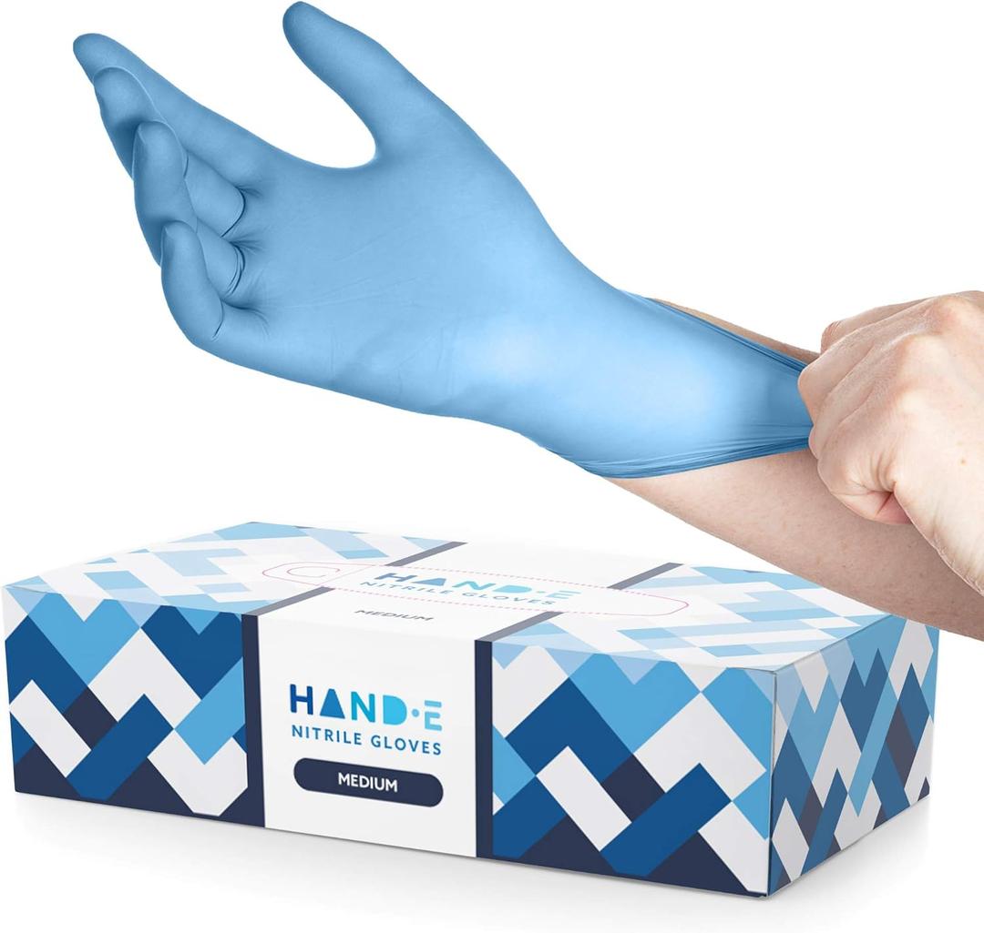 Hand-E Disposable Blue Nitrile Gloves Medium - 100 Count - Kitchen Gloves - Powder Free, Latex Free Medical Exam Gloves with Textured Grip Fingertips - Cleaning, Salon, Painting