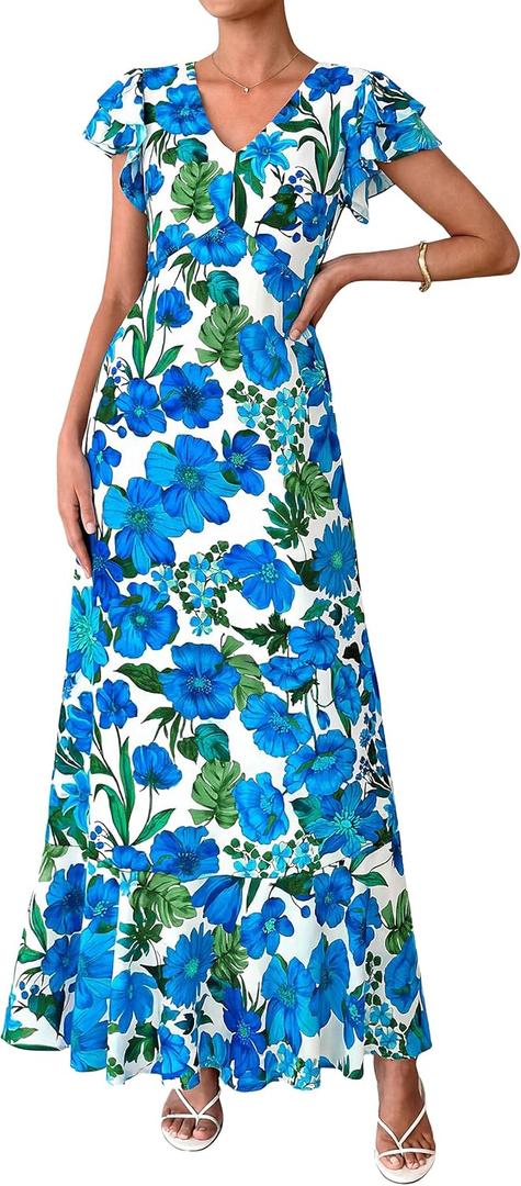 PRETTYGARDEN Wedding Guest Dresses for Women 2026 Spring Summer Short Sleeve Ruffle V Neck Floral Flowy Beach Maxi Long Dress(Floral Blue, X-Large)