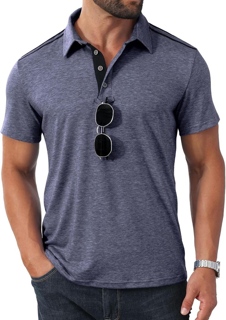 Angbater Men's Button Polo Shirts Short Sleeve Casual Summer T-Shirt Slim Fit Contrast Color Golf Shirt (XXL)