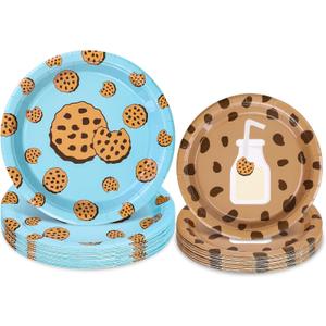 48 Pcs Milk and Cookies Birthday Party Supplies Chocolate Chip Cookie and Milk Disposable Plates 7 & 9 Inch Party Tableware for Birthday Baby Shower Holiday Table Decor Supplies