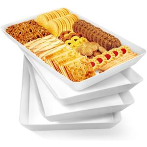 WOWBOX 4 pcs Serving Tray for Entertaining, Grilling BBQ Accessories, Serving Platters for Snacks, Fruit, Reusable Plastic Trays for Serving Food and Pantry Organization in Kitchen & for Parties (White), 