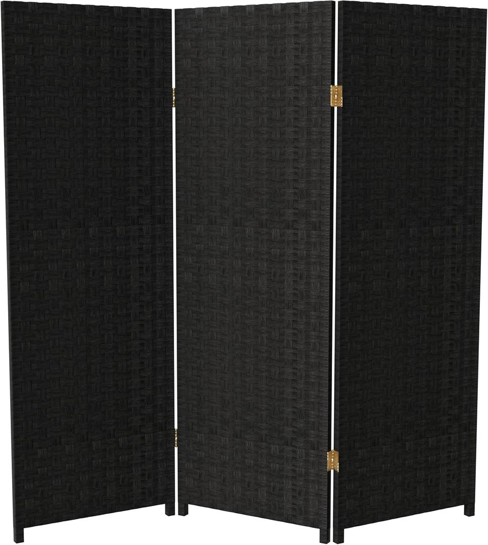 4 ft. Short Woven Fiber Folding Screen - Black - 3 Panel