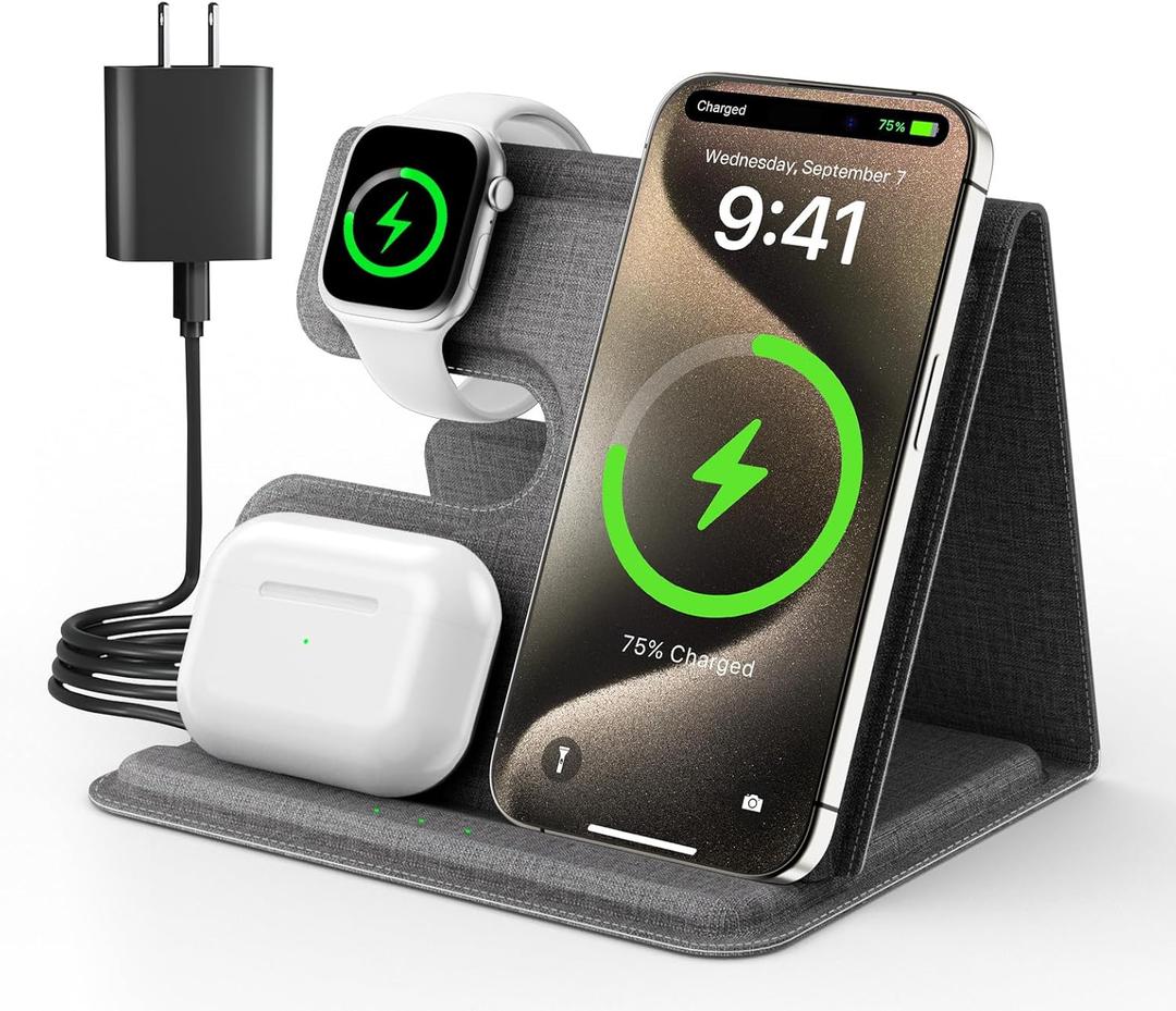 Wireless Charger iPhone, Fast Charging Station for Apple Watch, 3 in 1 Portable Charge Stand for Samsung Galaxy S24/S25 iWatch iPhone 16 15 14 13 12 Pro Max AirPods