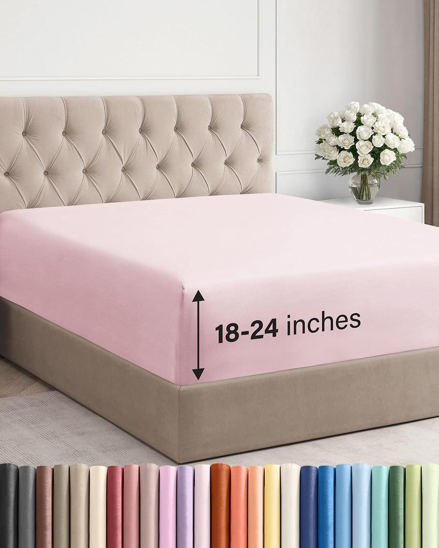 Extra Deep Full Fitted Sheet - Hotel Luxury Single Fitted Sheet Only - Easily Fits 18 inch to 24 inch Mattress - Ultra Soft, Wrinkle Free with Extra Deep Pockets - Breathable & Comfy - Lavender Pink