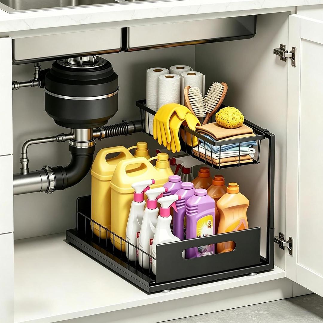 Ceetug Under Sink Organizers and Storage 2 Tier Slide Out Kitchen Cabinet Organizer Sturdy Metal Bathroom Storage (Black)