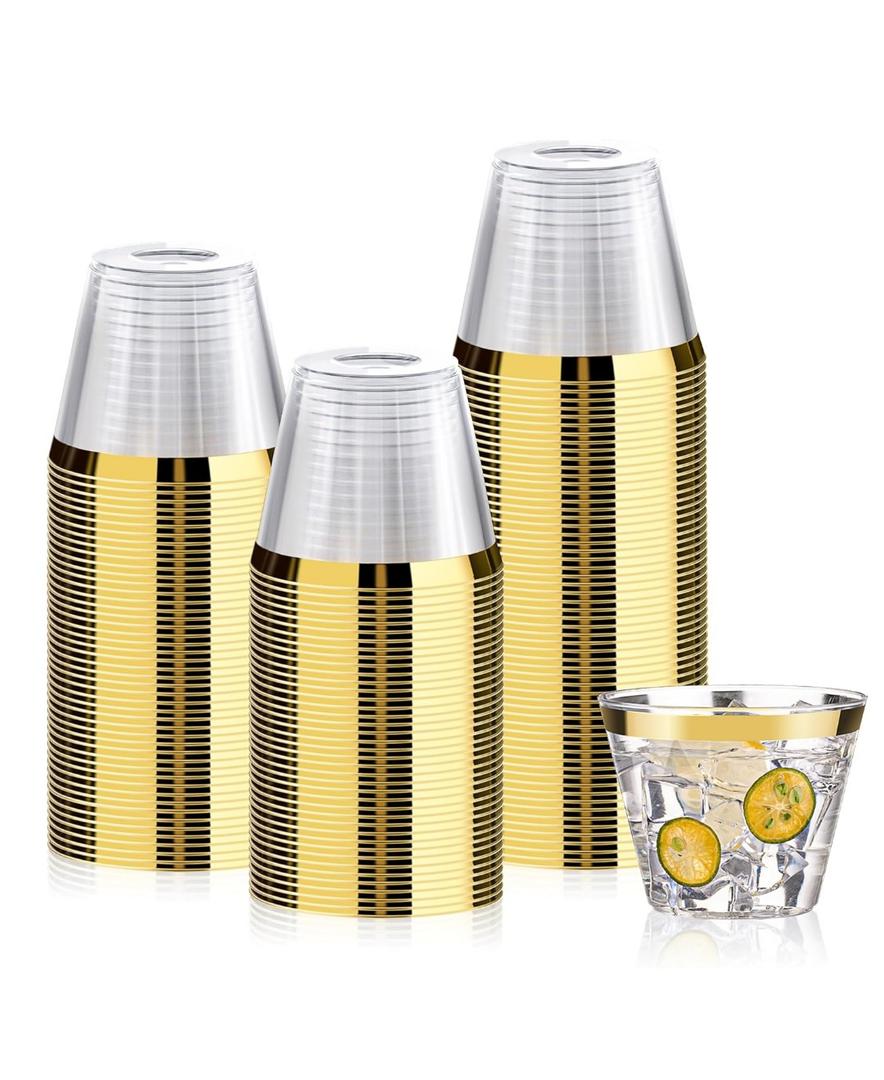100 Pack 9 oz Gold Plastic Cups, Clear Disposable Cups with Gold Rim, Plastic Cocktail Glasses for Party & Graduation & Wedding