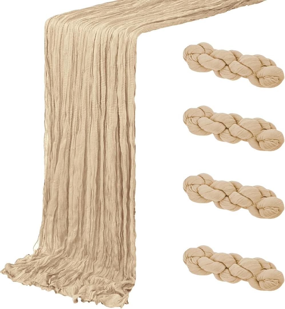 4 Pack Beige Cheesecloth Table Runner 20 x 120 inch Gauze Table Runners 10 FT Long, Semi Sheer Boho Cheese Cloth Fabric Table Runner Bulk for Party, Wedding, Baby Shower, Bridal Shower Decoration