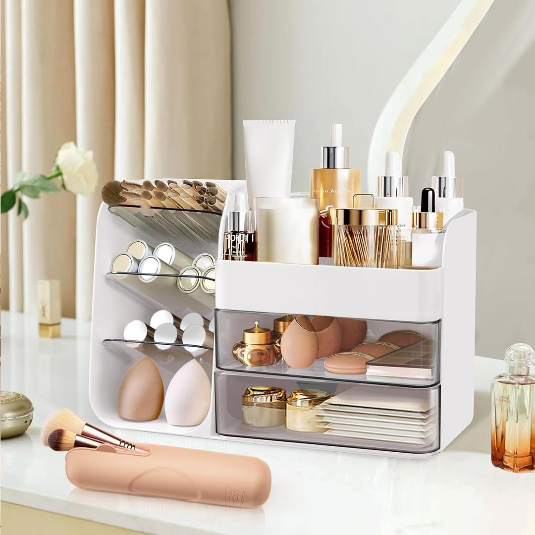Makeup Organizer Countertop with Drawers, Cosmetic Organizer with Travel Makeup Brush Holder, Skincare Organizer & Storage with Drawers for Bathroom, Beauty Essentials, Eyeshadow (White)