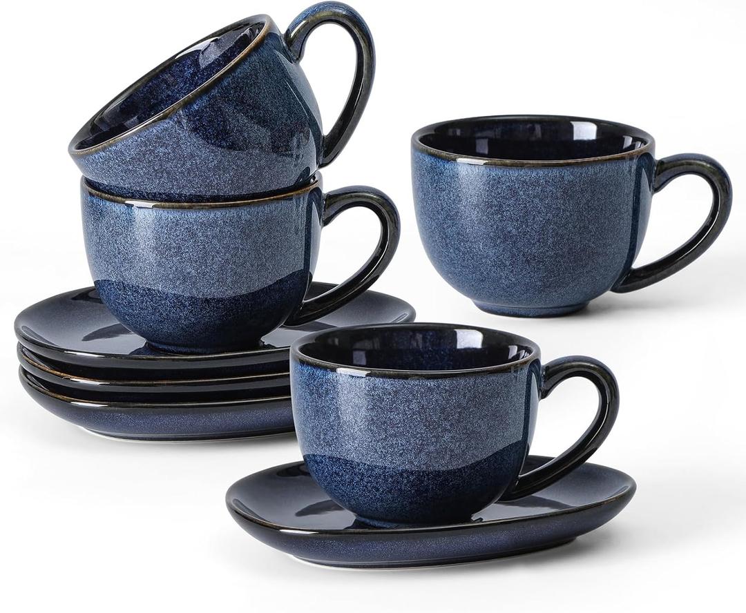 vicrays 6.5 oz Cappuccino Cups with Saucers, Set of 4, Ceramic Coffee Cup for Au Lait, Double shot, Latte, Cafe Mocha, Tea (Starry Blue)