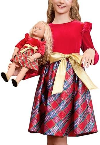 QPANCY Matching Girls & Doll Christmas Dresses Classic Plaid Long Sleeve Holiday Dress Kids Midi Velour Dress 140
