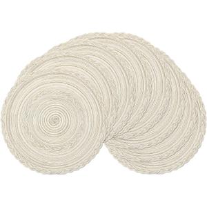 SHACOS Boho Round Placemats Set of 8 Braided Border Round Place Mats 15 inch Washable Dining Table Mats for Home Wedding Holiday Party (Ivory Bordered, 8)