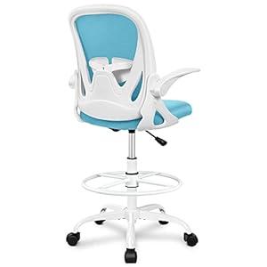 Primy Drafting Chair Tall Office Chair with Flip-up Armrests Executive Ergonomic Computer Standing Desk Chair with Lumbar Support and Adjustable Footrest Ring（Blue）