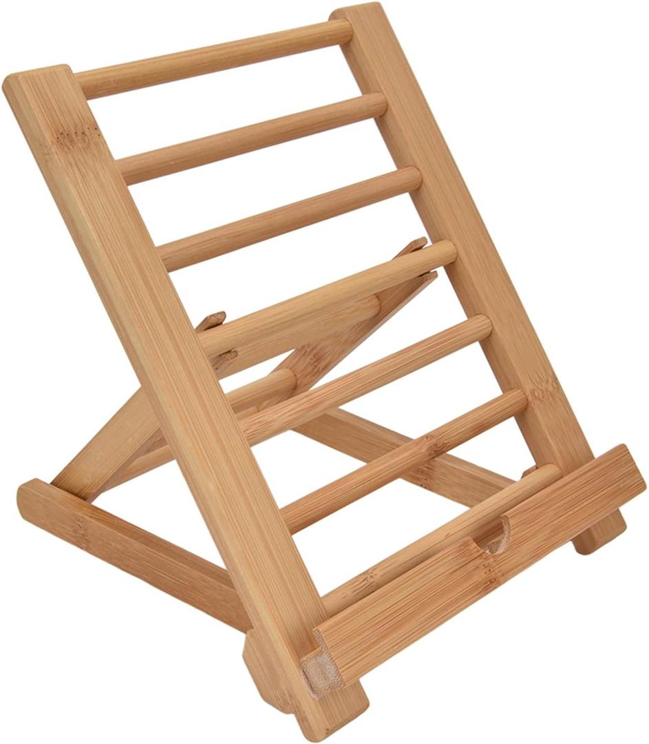 Restokki Wooden Book Stand, Bamboo Adjustable Book Holder for Reading Compatible with 4-13 inch Devices Portable Large Size Cookbook Reading Holders
