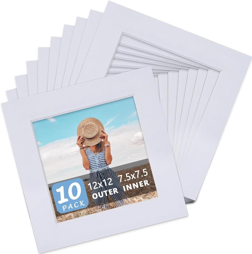 Somime 10 Pack Pre-Cut 12x12 White Picture Mats for 8x8 Photos - White Core Bevel Cut Frame Matte, Acid Free, Ideal for Frames/Artwork/Prints
