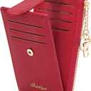 Badiya Slim Women Wallet RFID Blocking Bifold Compact 9 Card Slots Holder Wallets Soft Leather with Zipper Coin Pocket 2 ID Window (Oil Wax- Red & Key Chain)