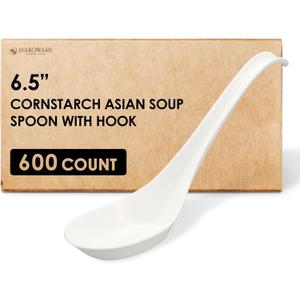 [600 COUNT] HAKOWARE Disposable Asian Soup Spoons with Hook, Plastic-Free Heavy Duty Spoons, made from Crystalized Cornstarch, for Take-out Ramen Pho Noodles (6.5 inch)