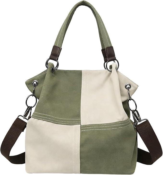 Women's Canvas Color Block Tote Bag Convertible Crossbody Hobo Handbag Lightweight Shoulder Bag for Daily Travel Work