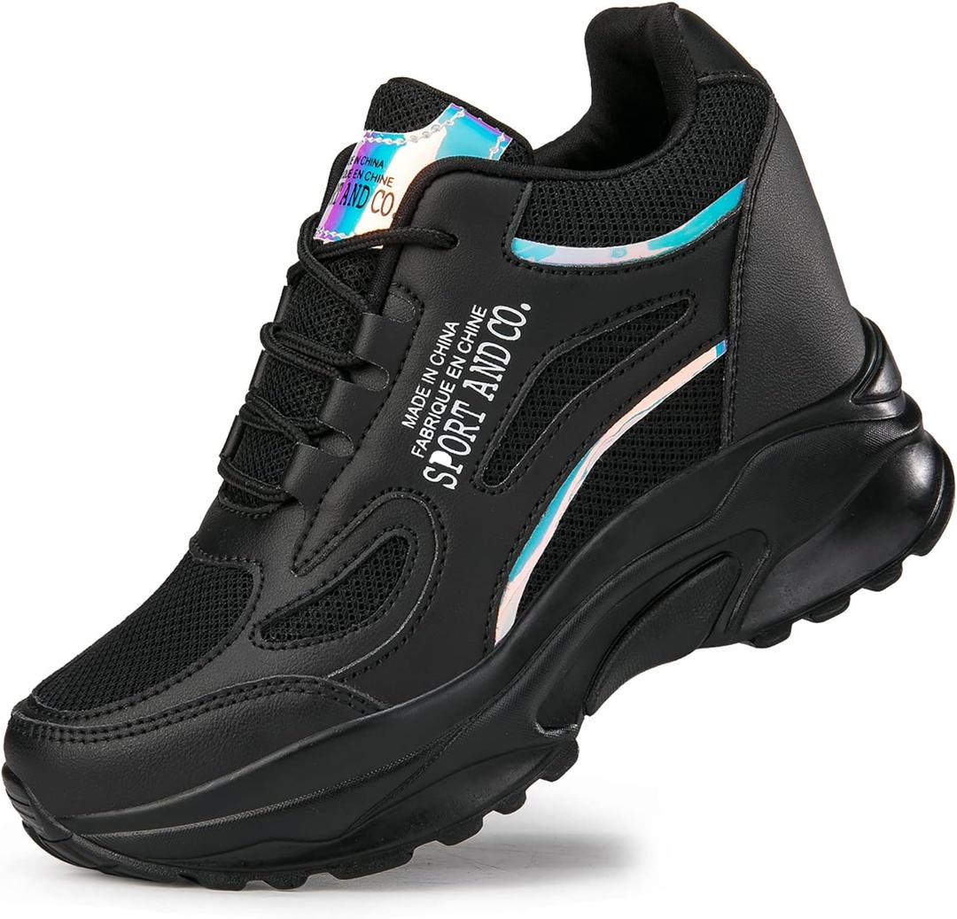 AONEGOLD Women's Hidden Wedge Sneakers High Heeld Lace Up Fashion Lightweight Walking Shoes Platform Sneakers(Black-38,5-5.5 US)