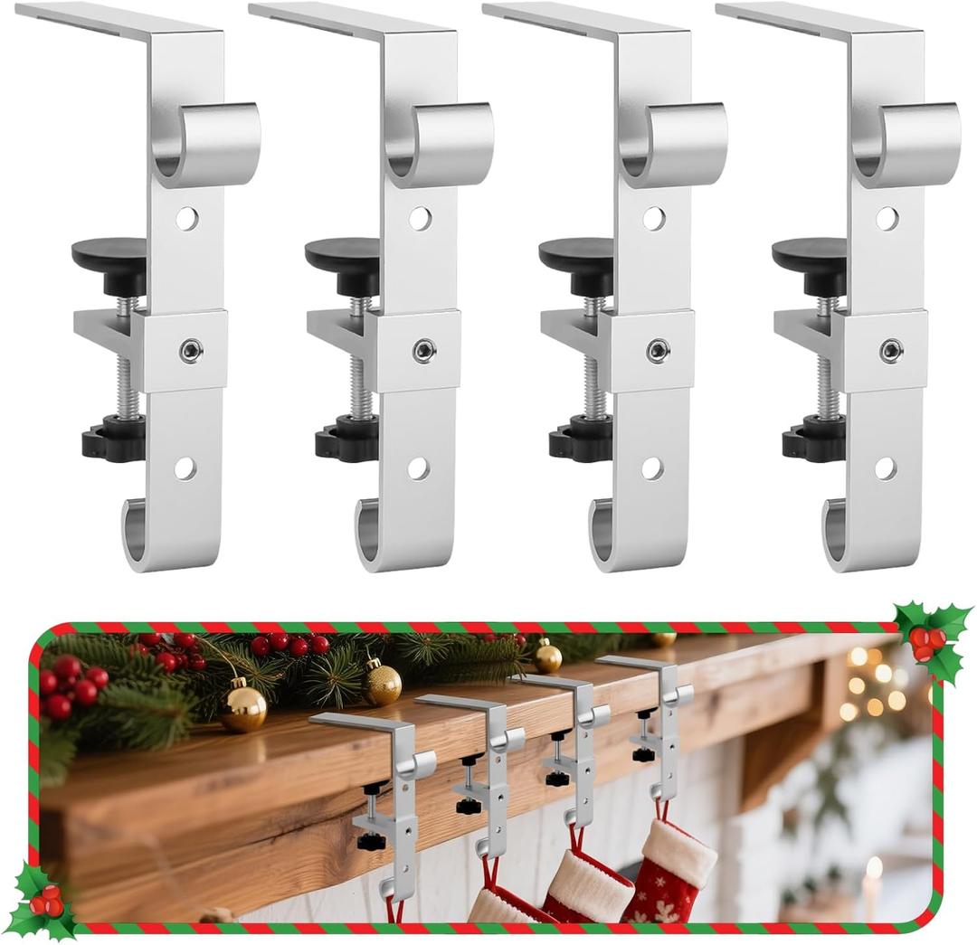 Stocking Hangers for Mantel,4 Pcs 2 in 1 Adjustable Fireplace Christmas Stocking Holder,No-Drill, Easy to Install Garland Hanger for Christmas Decorations,Fits 0.1-3.5Mantles (Silver, 4)