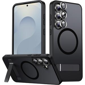 LEKEVO Magnetic for Samsung Galaxy S25 FE Case Compatible with MagSafe, 3-Way Kickstand, Camera Lens Protector, Wireless Charging Translucent Matte Slim Shockproof Hard Back Phone Cover, Black