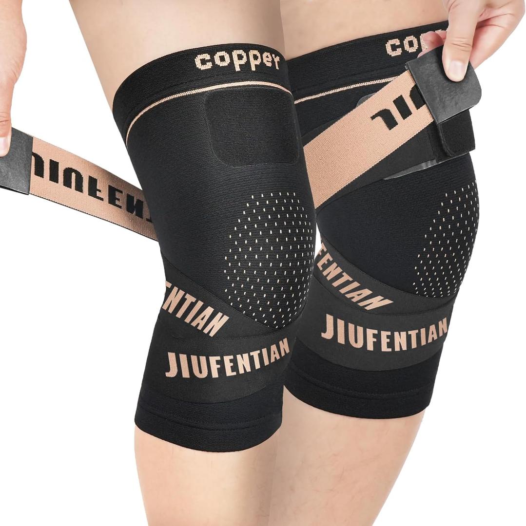 JIUFENTIAN Knee Support for Women and Men with Strap (2pack) Copper Knee Brace for Women Arthritis Pain-Knee Sleeves for Working Out,Running and Knee Pain Relief(Large) (Black)