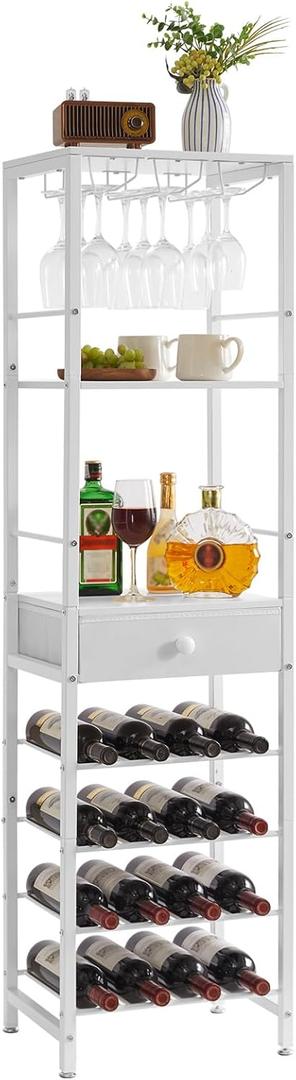 IBUYKE Wine Rack Freestanding Floor, Bar Cabinet for Liquor and Glasses,Coffee Bar Cabinet 4-Tier Wood bar Cabinet,Glass Holder and Storage Drawer for Home Bar Kitchen Living Room,White UTMJ905W