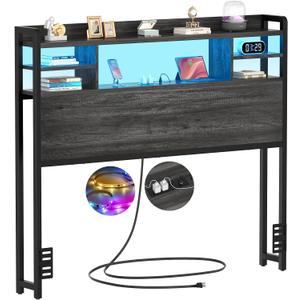 Aheaplus Headboard for Twin Size Bed with Storage, Headboards with LED Light, Power Outlets, USB Ports Twin Size Head Board, Wood headboard Only Sturdy and Stable Headboards, Modern, Black Oak