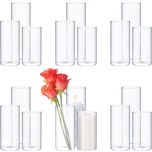 Didaey 18 Pcs Cylinder Vases Set for Centerpieces 3.4''Diameter 4/5/6/7/8/10 Inch Tall Clear Glass Vase Hurricane Floating Candle Holder for Table Decoration (6'',8'',10'' Tall)