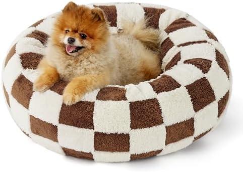 LE SURE Donut Small Dog Bed - Round Cat Beds Indoor Anti-Anxiety Calming Present for Pets, Washable Cute Modern Beds with Jacquard Shaggy Plush & Anti Slip Bottom，23 Inch, Brown Checks, 23.0"L x 23.0"W x 7.0"Th