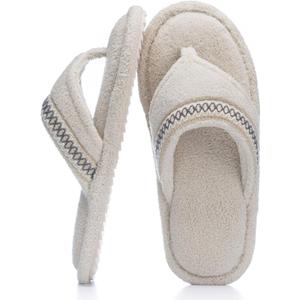 Flip Flops House Slippers for Women Indoor House Shoes with Soft Terry Cloth Ladies Thong Slippers with Non-Slip Sole and Memory Foam (9-10, Beige)