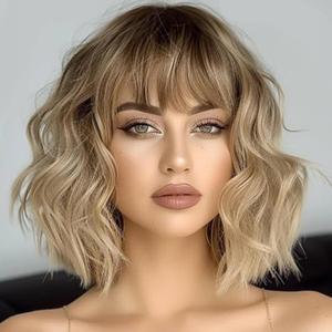 Blonde Wig with Bangs Short Wavy Ombre Wigs for Women Dirty Blonde Curly Bob Wig with Dark Roots Shoulder Length Synthetic Heat Resistant Hair Wig for Party Daily Use