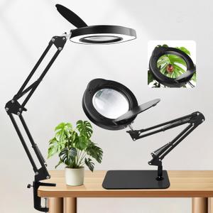 15X Desk Magnifying Glass with Light and Stand,Real Glass EyeCare LED Lighted Magnifier,5 Color Modes Stepless Dimmable,Hands Free 2-in-1 Desk Lamp for Craft Reading Painting Hobby Close Work, Black