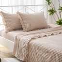 Taupe White Plaid Ruffle Sheets Twin Size 4-Piece Set, 300TC 100% Yarn Dyed Cotton Sheets Deep Pocket Farmhouse Gingham Decorative Bedding (Taupe/White Plaid, Twin)