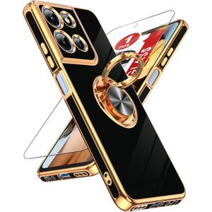 LeYi for Moto-G-5G-2025 Case:      1 Pack Tempered Glass Screen Protector and 360 Rotatable Ring Holder Magnetic Kickstand, Plating Rose Gold Edge Case, Black
