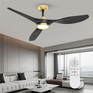 Roomratv Ceiling Fans with Lights and Remote Control,Quiet Noiseless Reversible DC Motor,6 Speeds,Timers, 3 CCT, Indoor Use, Plastic Blades,52 Inch Black and Gold Modern Ceiling Fan for Living Room