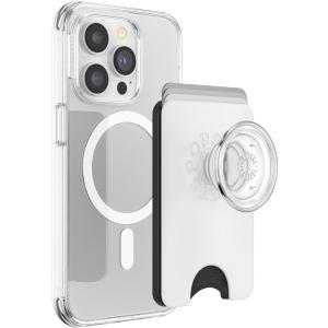 PopSockets Phone Wallet with Expanding Grip and Adapter Ring for MagSafe, Phone Card Holder, Wireless Charging Compatible, Wallet Compatible with MagSafe - White Clear