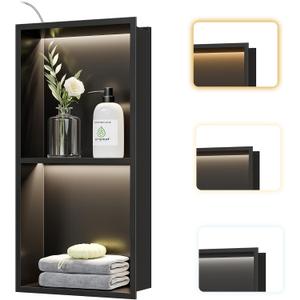 2-Tier Recessed LED Shower Niche,12"X24" Bathroom Wall Niche, with 3-Temperature LED Strip Light 4000K/6000K/3000K, Waterproof No Tile Need Stainless Steel Wall Cabinet(Matte Black), 12X24In
