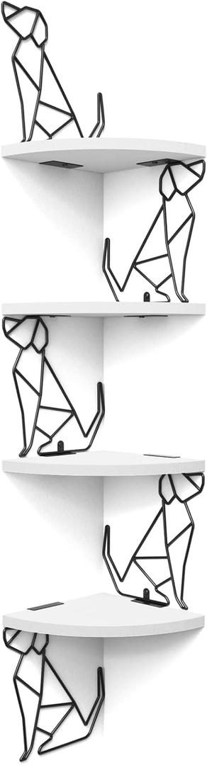 Alsonerbay White Corner Shelf Wall Mount, 4 Tier Floating Shelf for Wall Storage, Rustic Wood Shelves for Bedroom, Living Room, Bathroom, Entryway, Garage (Dog Shaped)