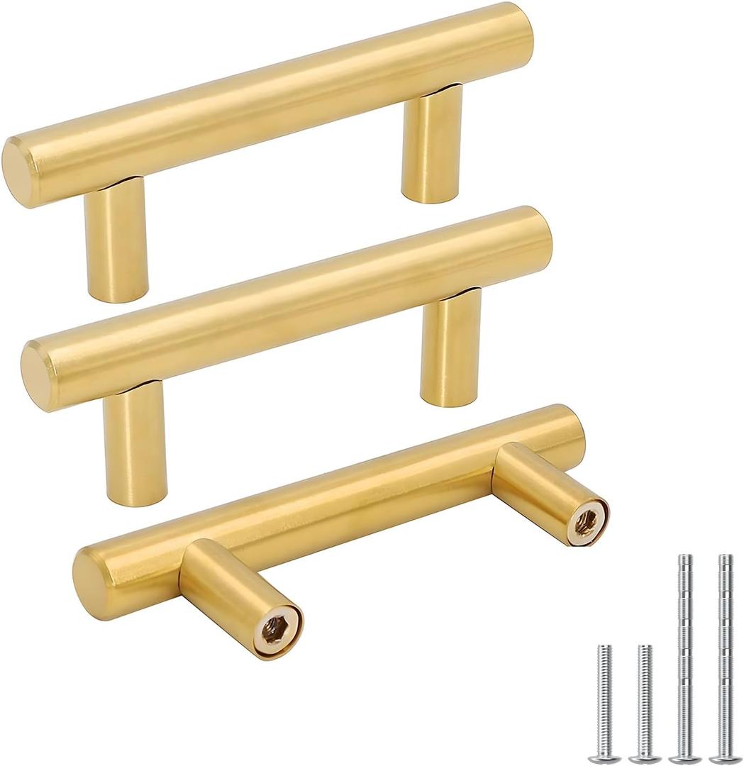 goldenwarm 5pcs Brushed Brass Cabinet Cupboard Drawer Door Handle Pull Knob for Furniture Kitchen Hardware 2-1/2in Hole Center 4in Overall Length