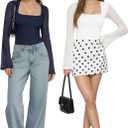 MANGOPOP Women's Square Neck Bell Sleeve Bodysuit Mesh Double Lined Body Suits Trend Going Out Tops Fall Outfits 2025, L