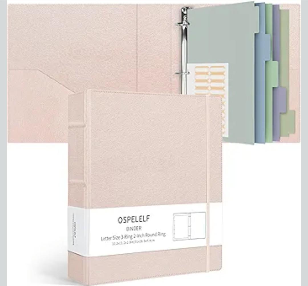 Ospelelf Vintage Hardcover 3 Ring 2 inch Leather Binder, Professional Binders Organizer Suitable for Letter Size Documents, Binder Dividers with Tabs, Rose Gold